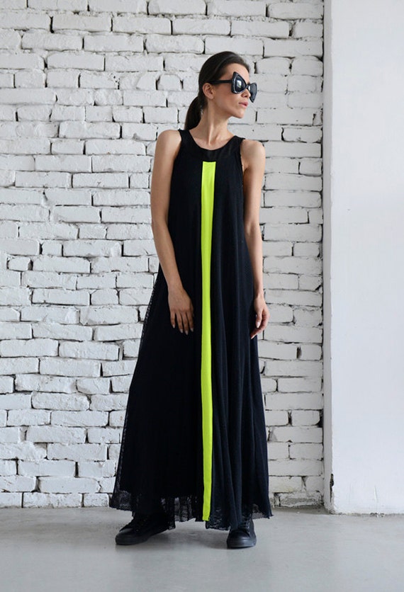 Black Maxi Dress/Neon Line Long Kaftan/Oversize Summer