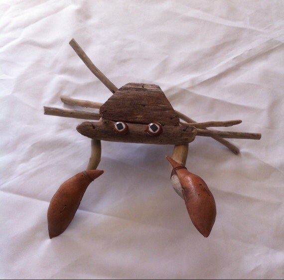 Rustic Driftwood Crab Sculpture Wall by ArtGlassbySueTaylor