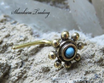 Tribal Brass Nose Stud, Turquoise Nose Stud, Indian Nose Pin, Ethnic Nose Stud, Nose Jewelry, Nostril Stud, Tribal Brass Nose Ring