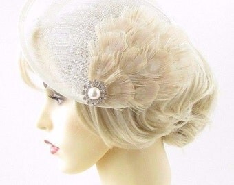 Large Cream Ivory Feather Saucer Disc Fascinator Hat Races Sinamay Clip Hair 660
