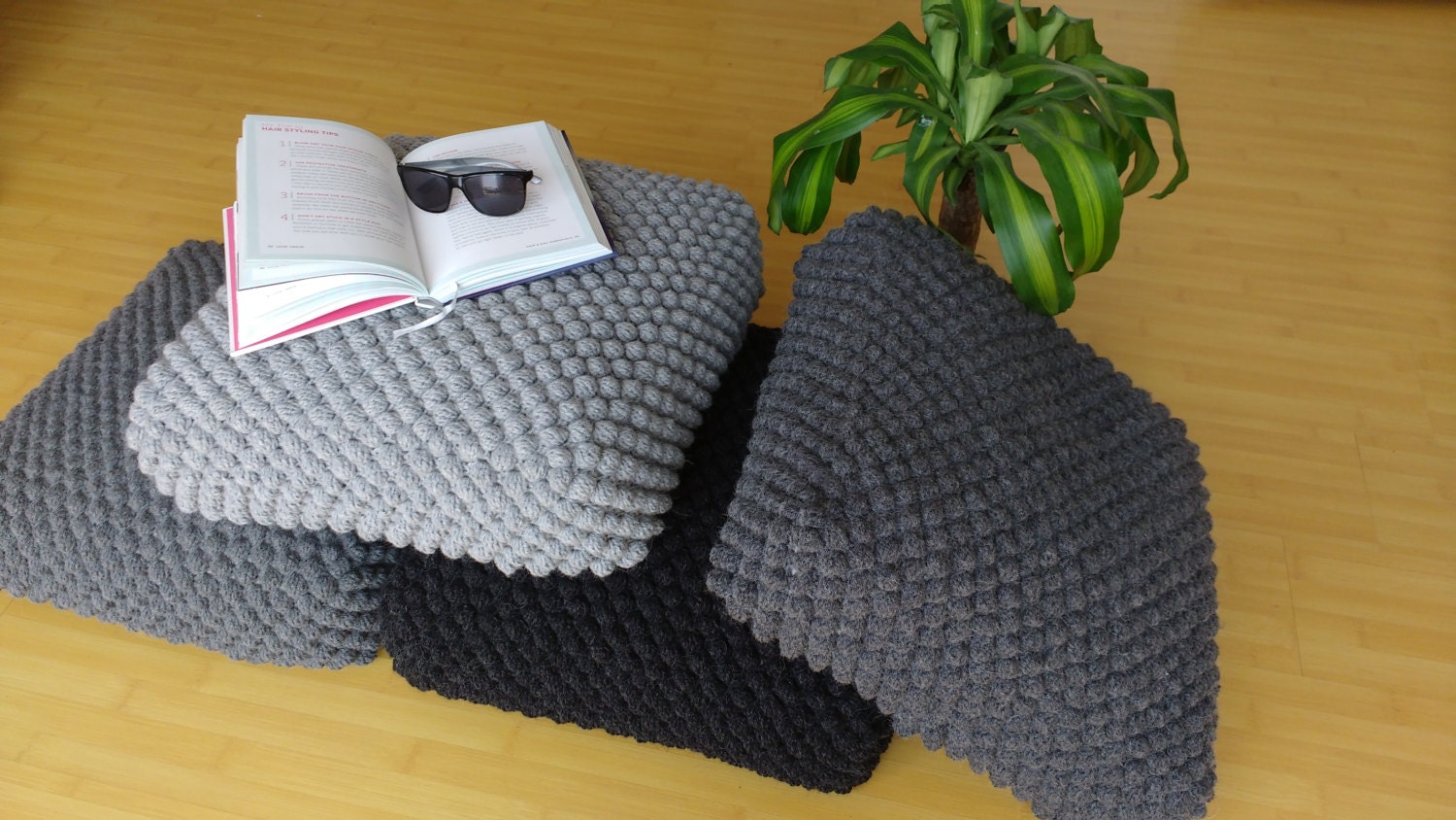 Crochet grey stuffed floor pillow / Meditation cushion / Wool