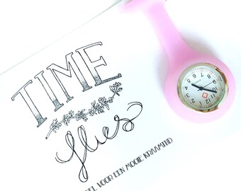 Time Flies, nurse watch, pocket watch, brooch, nurses watch, watch, pink, roze, kraamhulp, verpleegster, horloge