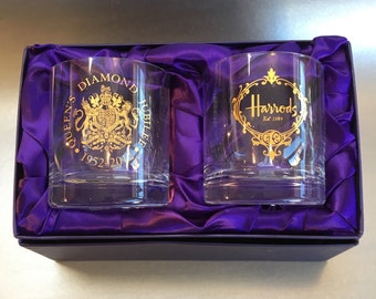 Rare Queens Diamond Jubilee Harrods Royal Scot Crystal Glasses