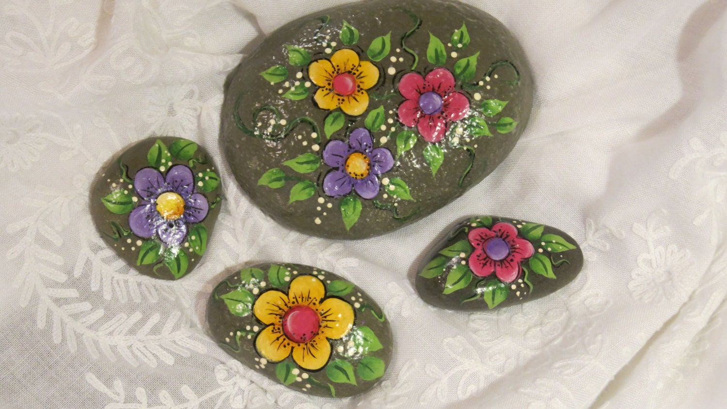 Painted flower garden rocks set of 4 floral stones plant