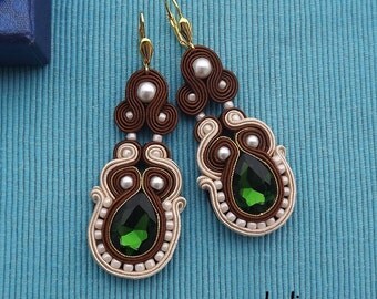 Gold, Cream & Green soutache earrings
