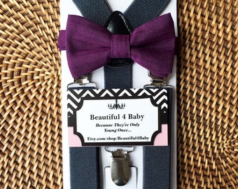 Purple Baby Bow Tie, Purple Toddler Bow Tie, Grey Toddler Suspenders, Gray Toddler Suspenders and Purple Bowtie Set, 6 Mo to 5 Years Old