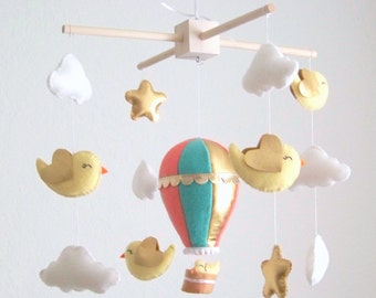 Coral mint hot air balloon mobile, baby mobile, gold mobile, nursery crib mobile, mint mobile, bird mobile, nursery decor