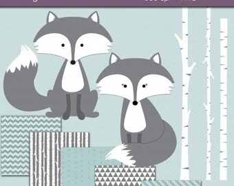 Marble Fox Clipart with Digital Scrapbook Paper INSTANT DOWNLOAD Digital Art Set