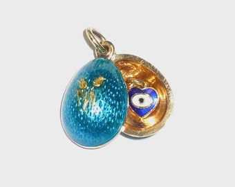 14kt Gold Blue Enamel Movable 3D Egg Mystery Evil Eye Fleur De Lis Roses Charm Pendant