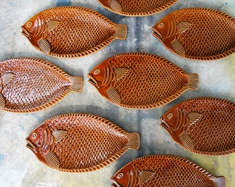 McCoy Fish Plates Sets of Two, Oven to Table Amber Glaze Oven Proof 9374 USA