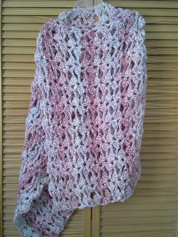 Pink and ivory lacy crocheted shawl rectangle shawl crochet