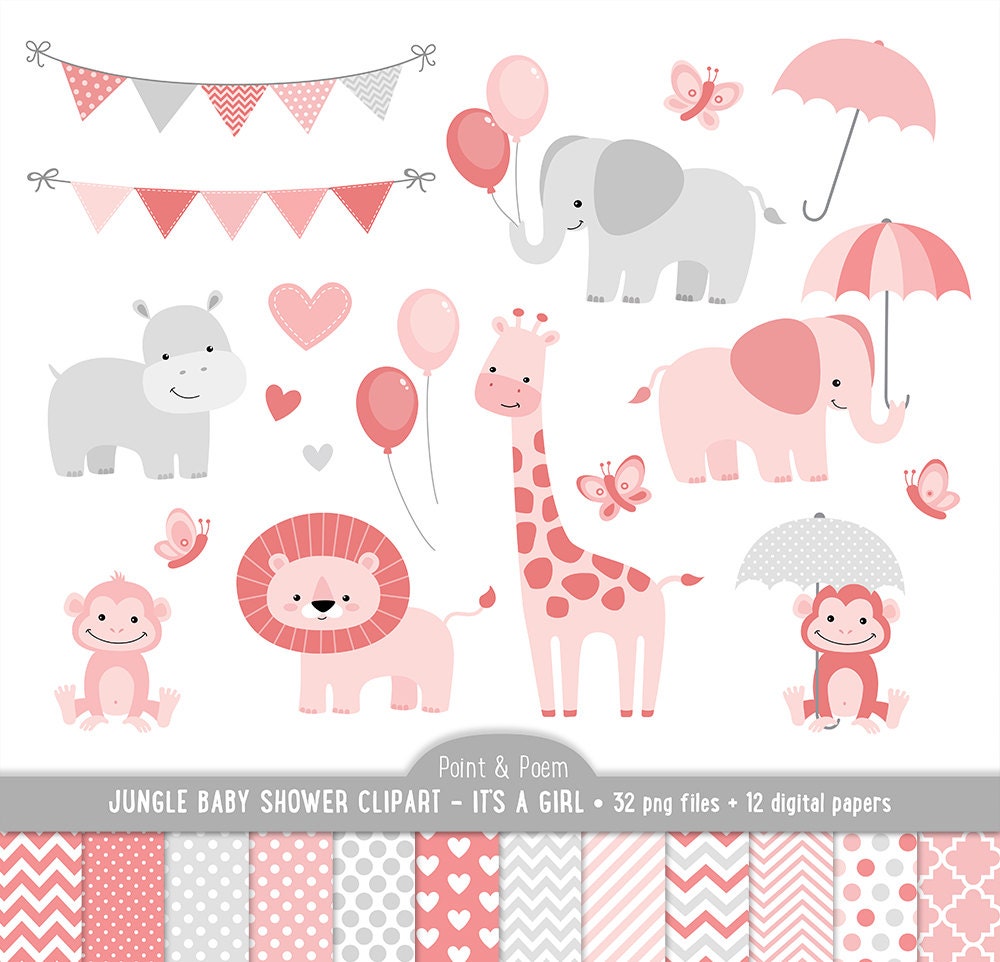 Jungle Clip Art, Animals Baby Shower clipart, It\u002639;s a girl Baby Shower, Cute, Digital Papers 