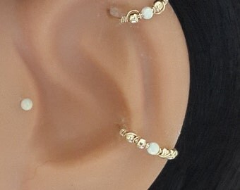 Fire White Opal 2mm conch piercing, gold conch ring,silver conch hoop,conch piercing,october's birthstone,20-22 gauge,11-16mm inner diameter