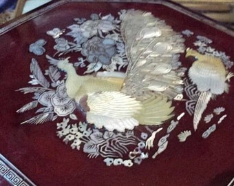 Mother of Pearl Wood Lacquer ware Jewelry Box,Mother of Pearl Raised Peacocks, Butterflies, Floral Design, INLAY Edge Lid, 5 Wood Inserts
