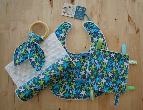 Baby Girl Gift Set Starfish Bib Burp Cloth by EpidendronLittle