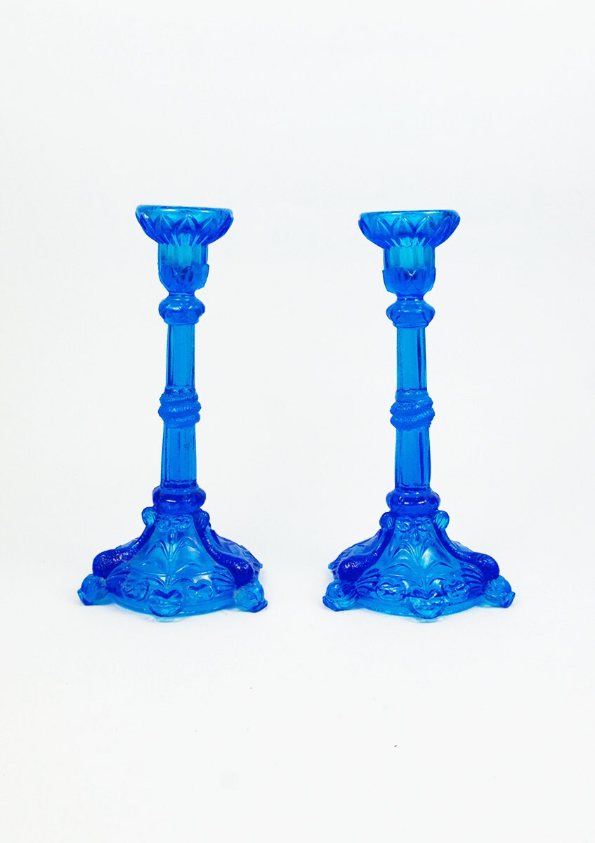 Set of 2 Vintage blue candle holder Blue Glass candle holder