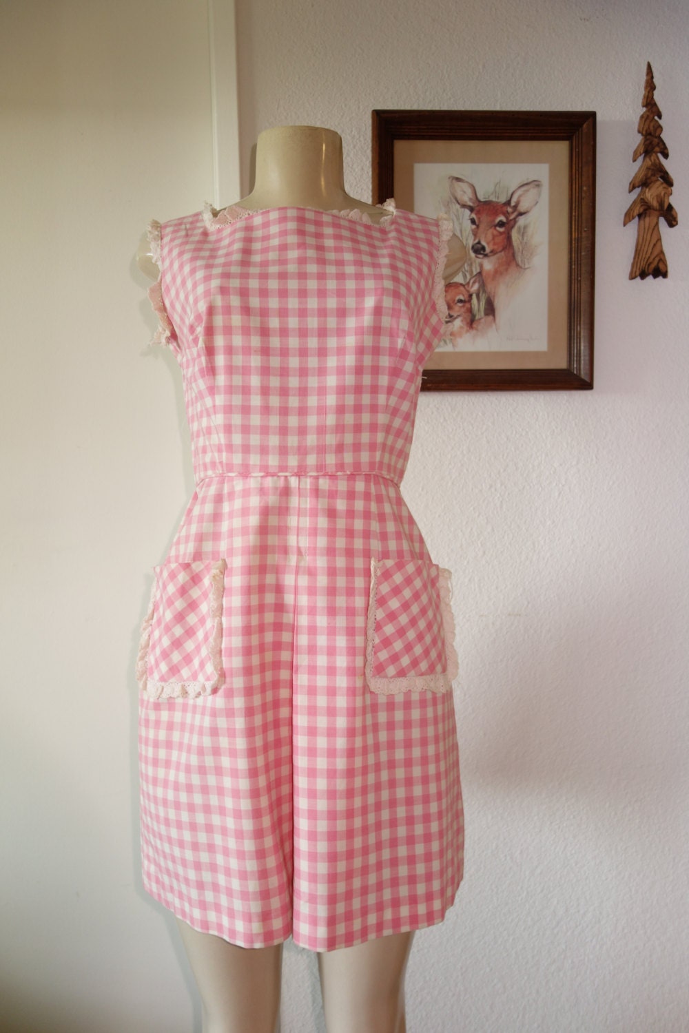 1940s 1950s pink/white checkered dress – pinafore style – front pockets ...