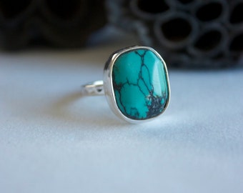 Genuine Turquoise Ring with Beaten Sterling Silver