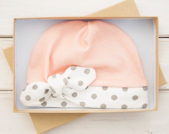 Baby Girl Organic Cotton Newborn Beanie with Bow - Peach, White and Gray Newborn Hat - Baby Beanie - Baby Girl Winter Cap - Hospital Hat