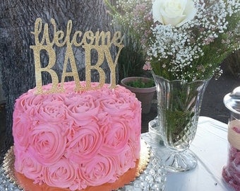 Baby Shower Cake Topper, Welcome Baby Cake Topper, Gold Baby Shower Cake Topper, Gold Welcome Baby, Gold Cake Topper