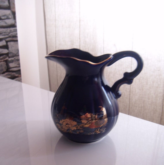 Cobalt Blue Porcelain Pitcher Vase with Peacock by DenaByRiches