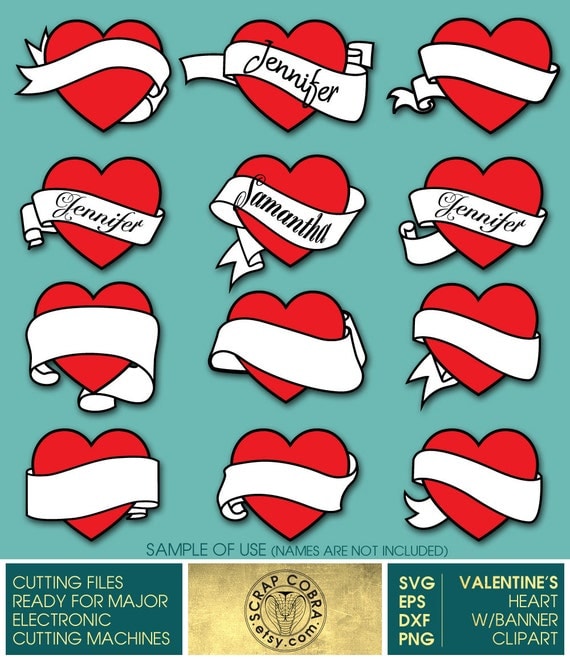 12 Valentine's Heart with Banner Clip Art SVG eps by ScrapCobra