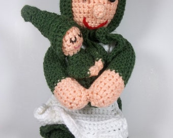 Hand Crochet Forest Green Mama Gnome with Baby Amigurumi Doll