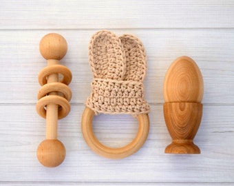 Baby Toys , Wooden Baby Toys , Montessori Baby Toys , Baby Gift Set , Baby Teething Toy , Wooden Teether , Wooden Rattle , Teething Ring