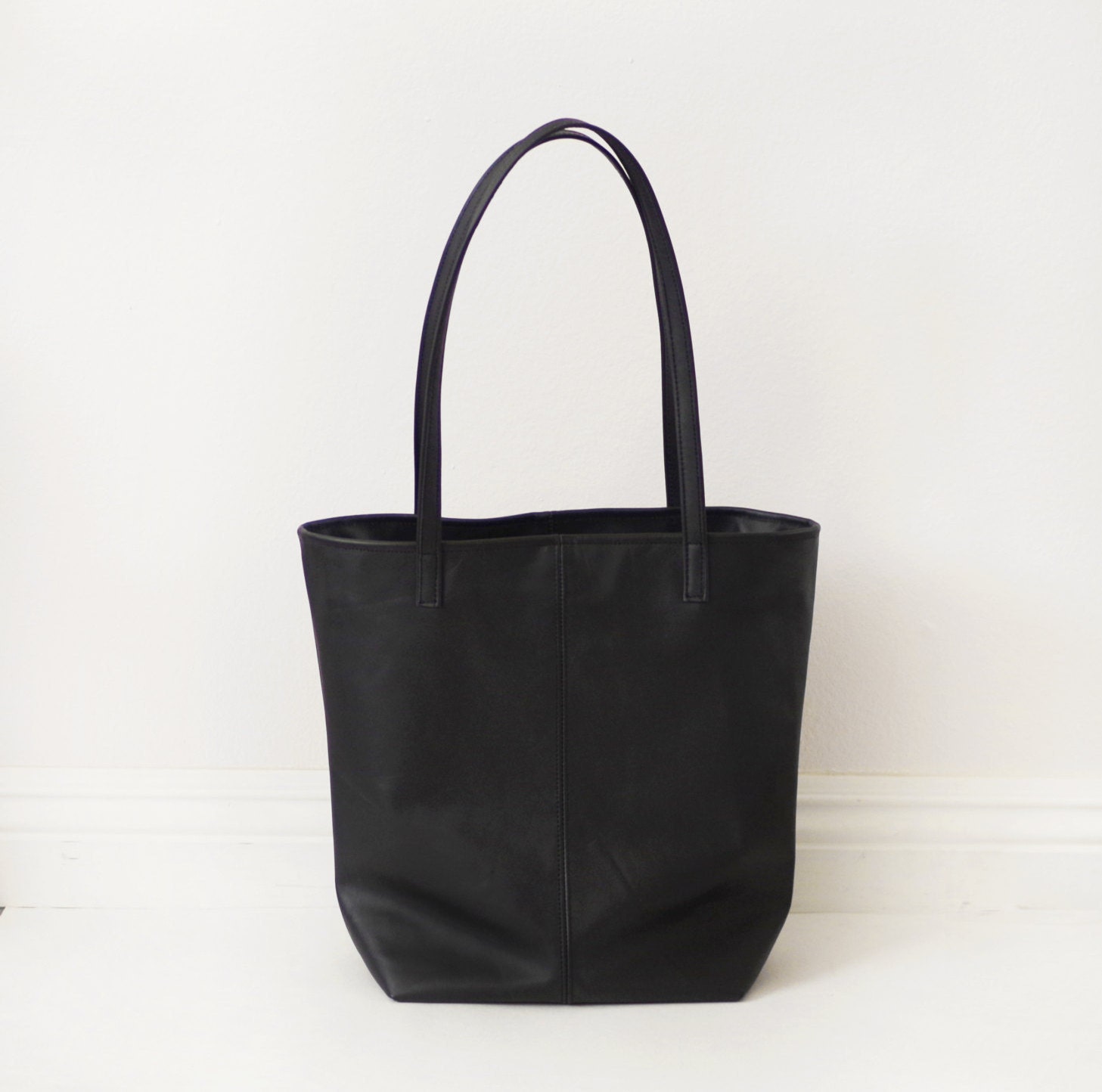 Soft black simple leather tote bag