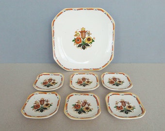 20's - 30's Dutch Vintage Societe Ceramique Petit Four Plate Set with Tulip / Flower Decoration