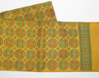Vintage Gold Green Orange Opera Scarf, Self Fringe Foulard Medallion Print Fashion Acc, Stole, Double Sided Fabric, Unisex Style