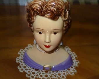 Vintage Woman Head Vase, Lavender Dress, Pearl Necklace, Earrings, Brunette
