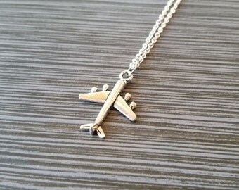 Silver Airplane Necklace - Stewardess Necklace - Personalized Necklace - Custom Gift - Initial Necklace - Pilot Gift - Airplane Charm