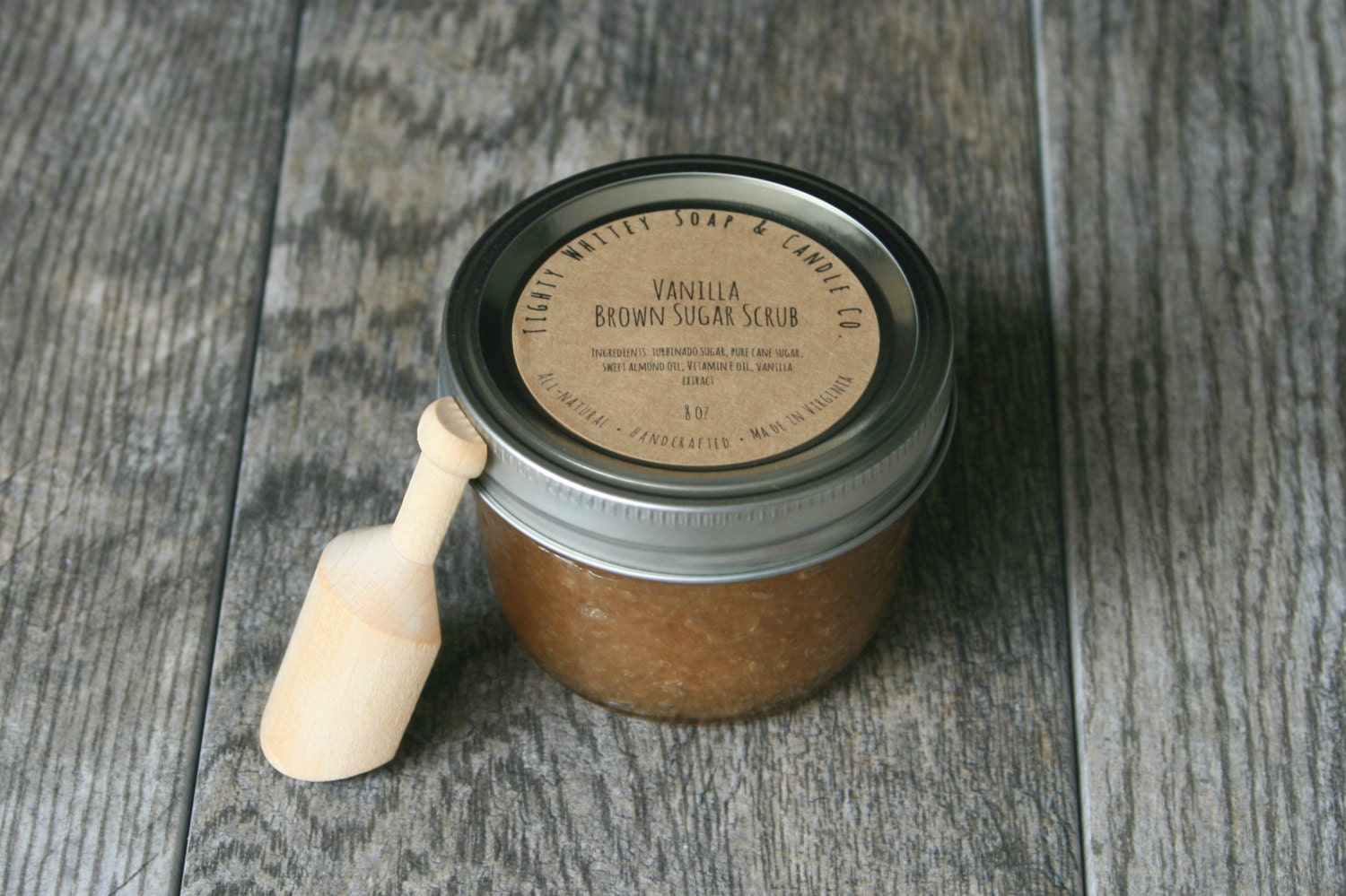 8 oz. Vanilla Brown Sugar Scrub Mason Jar Wooden Spoon