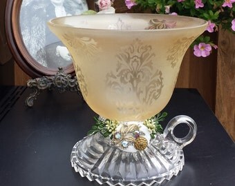 SPECIAL SALE Vintage Amber Etched Glass Tea Light/Votive/Candlestick Holder~Upcycled Candleholder with Vintage MOP Slide, Button~Home Decor