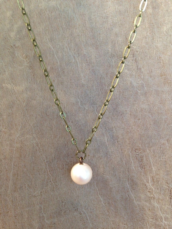 Vintage Glass Spanish Pearl on Antiqued Brass Necklace