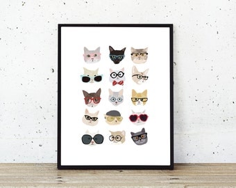 Cat Poster - Cat Printable Art - Cat Glasses - Hipster Animals in Clothes Print Download - I Love Cats/Cat Lover Gift/Feline/Meow/Cat Gifts