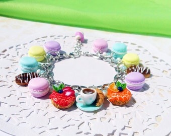 Cute Charm Bracelet with sweets Macaroon Berry Cake Eclairs and miniature cup of coffee handmade of polymer clay Gift for girls