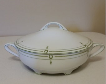 antique 1930's selb rosenthale bavaria footed tureen casserole dish - lidded cover in green trims - botticelli - vegetable bowl