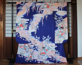 Furisode Kimono, Japanese Silk Kimono, Formal Kimono, Long Sleeve Silk Kimono, Silk Kimono Robe, Vintage Furisode, Blue Kimono, Ships Free