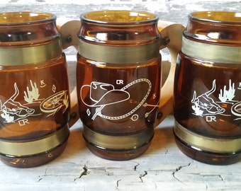 Amber glass mugs vintage, Siesta Ware mug set, vintage barrel mugs, Western mugs