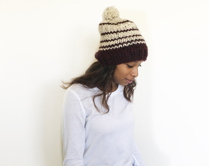 Knit Slouchy Striped Beanie Hat With Pompom//Claret and Oatmeal
