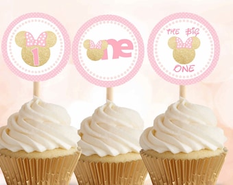 Minnie Mouse pink and gold, Minnie Mouse cupcake toppers, Minnie Mouse stickers, first birthday, Digital File.
