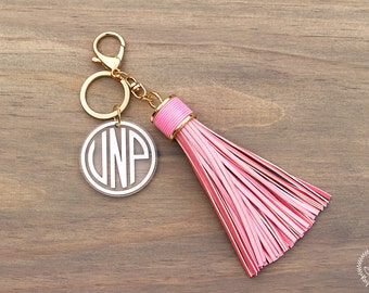 Large PINK Leather Monogram Keychain Tassel, Personalized Key Chain, Initial Keychain, Key Fob