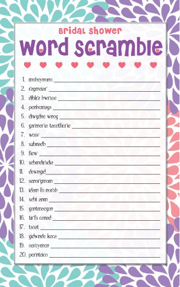 purple and teal bridal shower word scramble game printable