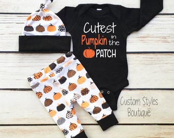 Baby Boys First Halloween Outfit, Black Infant Bodysuit, Leggings And Hat With Pumpkins, Baby Boy Halloween Outfit Set