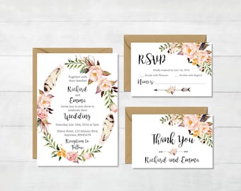 Floral Wreath Boho Wedding Invitation Suite, Printable Boho Wedding Invite, Floral Feathers Wedding Invite, Floral Wreath, Download, 112-W