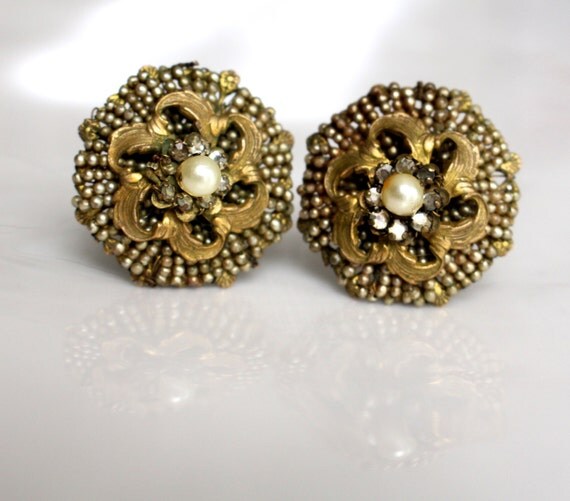 Vintage Miriam Haskell clip on seed pearl and rhinestone