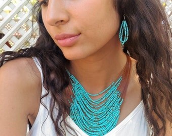 Turquoise Bead Necklace, Multi Strand Turquoise Beaded Necklace, Beads Necklace Sets, Turquoise Bead Earrings, Long Turquoise Bead Necklace