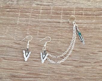 Tribal Ear Cuff, Navajo Earrings, Native American Jewelry, Feather Ear Cuff, Chain Boho Ear Cuff, Arrowhead Jewelry, Antique Silver Charm